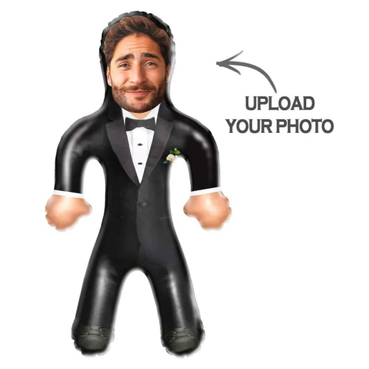 Front view of a personalised groom blow up doll featuring a custom photo face, a humorous wedding gift made from durable PVC inflatable material.