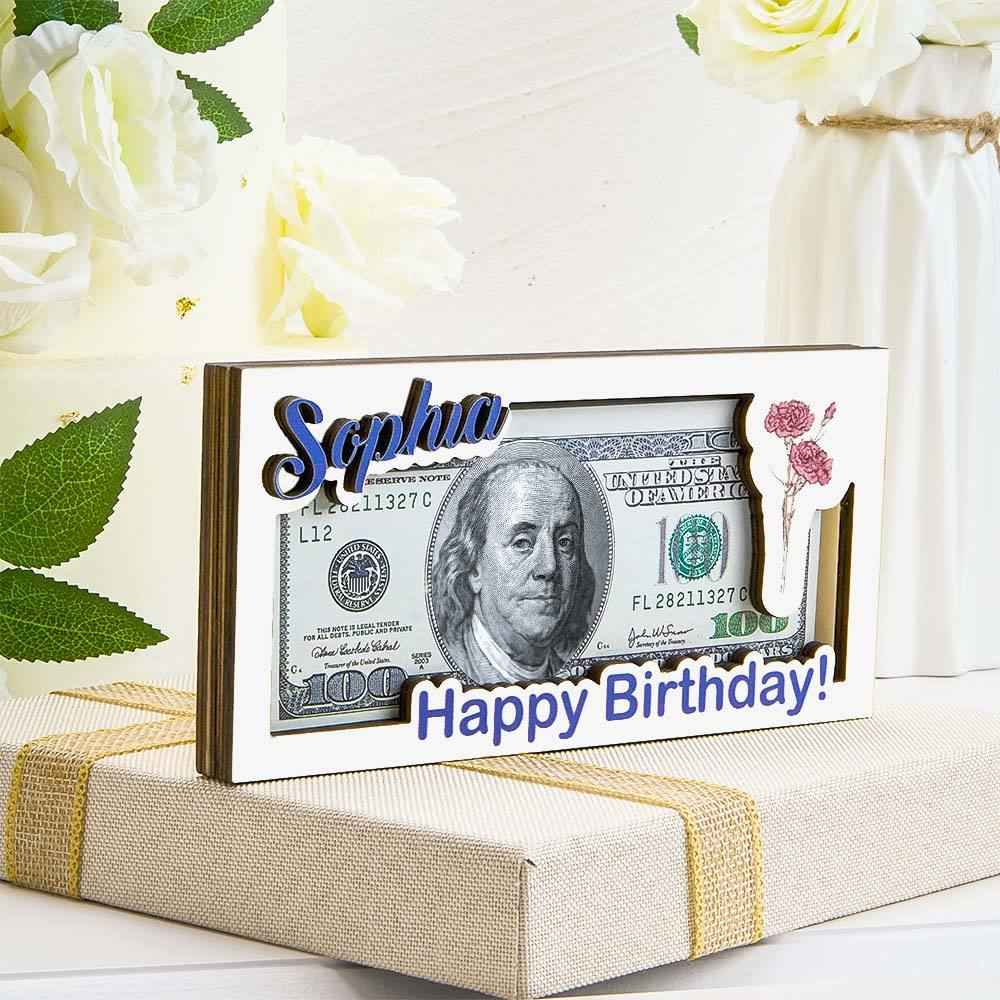 Custom Name & Text Birth Flower Wooden Money Box - Personalized Storage