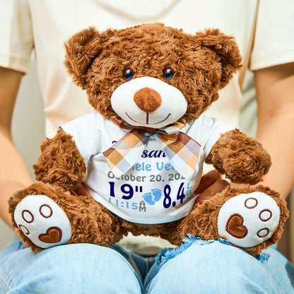 Close-up of personalised name embroidery on bear plush — customised birth announcement teddy for baby shower gift