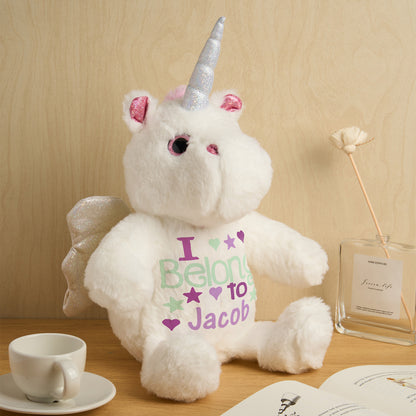 Detailed close-up showing plush fabric, embroidered text and stitching of the personalised unicorn birth announcement teddy