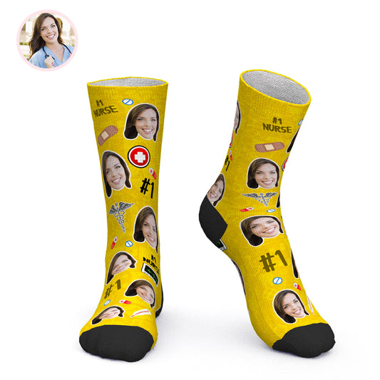 Pair of personalised face socks featuring two custom-printed faces on soft ankle socks — novelty nurse socks and personalised gifts for nurses