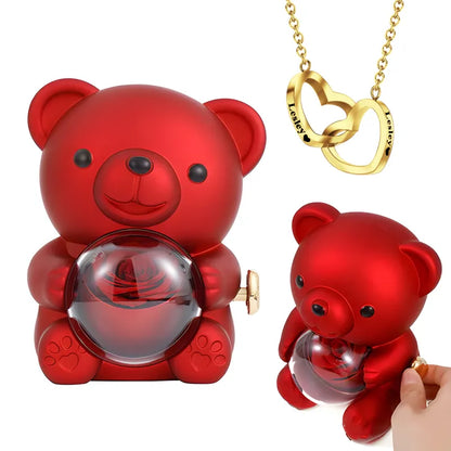 Personalised Eternal Rose Bear Jewellery Set — engraved titanium steel necklace paired with a red rose bear keepsake, perfect wedding gift for her