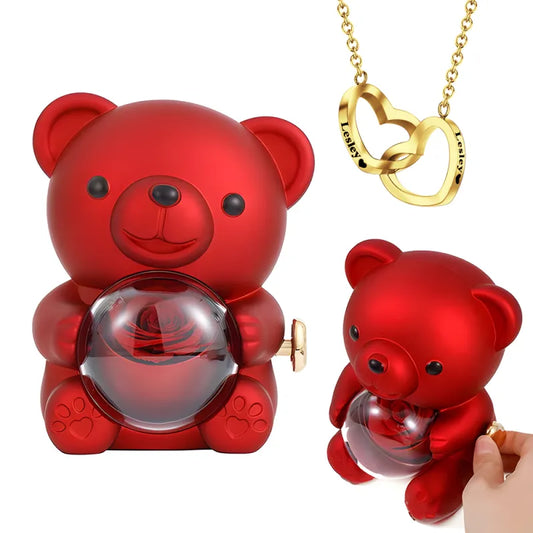 Personalised Eternal Rose Bear Jewellery Set — engraved titanium steel necklace paired with a red rose bear keepsake, perfect wedding gift for her
