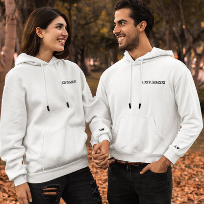 Personalised hoodie showing embroidered date and quote — bespoke Roman numeral design, perfect keepsake present