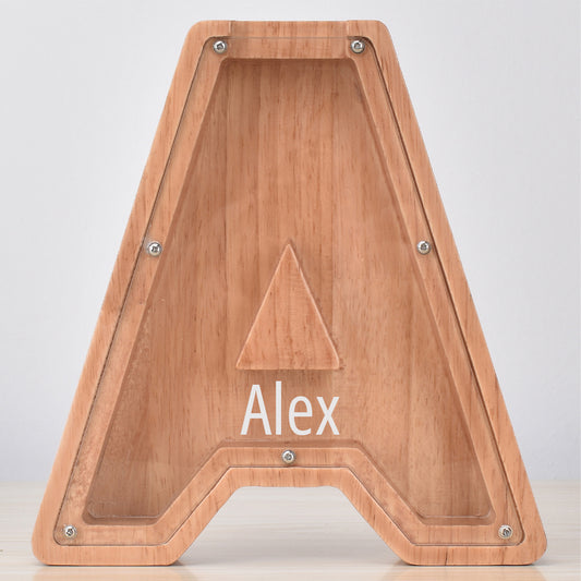 Personalised Oak Wooden Letter Money Box with Engraved Name | Handcrafted Piggy Bank