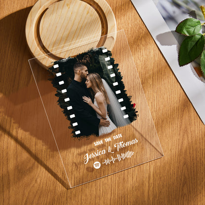 Close-up of the clear acrylic keychain from the personalised set, engraved to match the plaque.