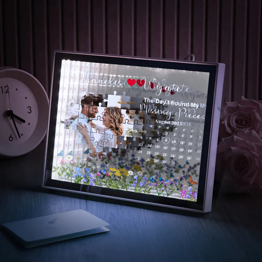 Personalised LED Photo Light Frame showing engraved couple portrait with warm LED glow — ideal custom couple gift