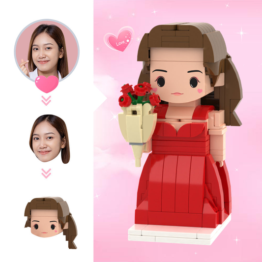 Personalised brick-style mini figure — custom cute head ‘Lady with Rose’ made from your photo in eco-friendly ABS