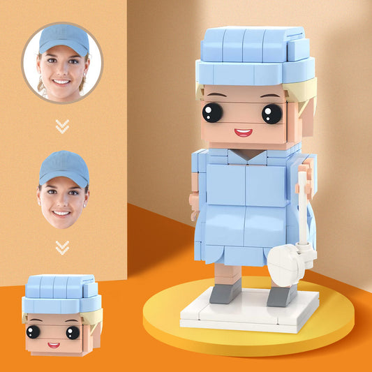 Personalised female golfer brick figure front view — custom head mini block ornament made from eco-friendly ABS micro bricks, perfect golf gift for her