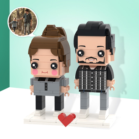 Front view of Custom Brick Figures father-daughter personalised gift set – bespoke mini figures capturing hairstyle, clothing and expression