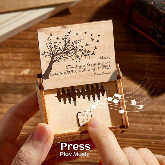 Personalised wooden music box with custom engraved lid, built-in digital MP3 player and one-button voice recording keepsake