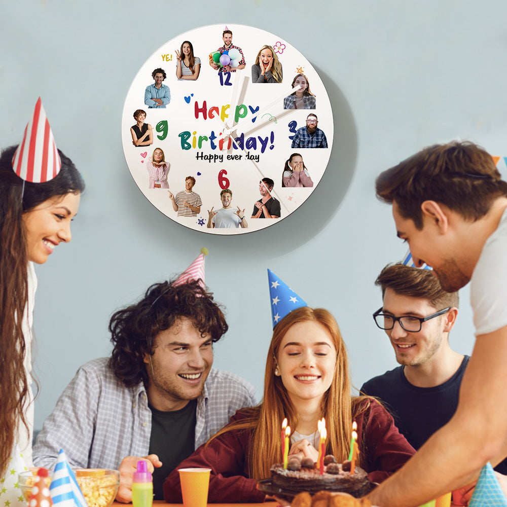 Close-up of laser-engraved photo detail on personalised Happy Birthday PVC wall clock demonstrating crisp engraving and durable finish