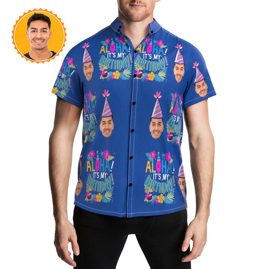 Blue personalised face Hawaiian shirt showing a custom photo and text — men's summer short-sleeve button-up with lapel collar, ideal personalised face gift for birthdays and Father's Day