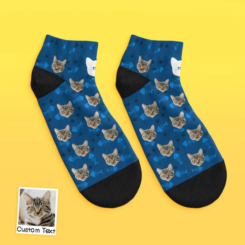 High-resolution custom cat photo print on low-cut ankle socks ideal personalised gift