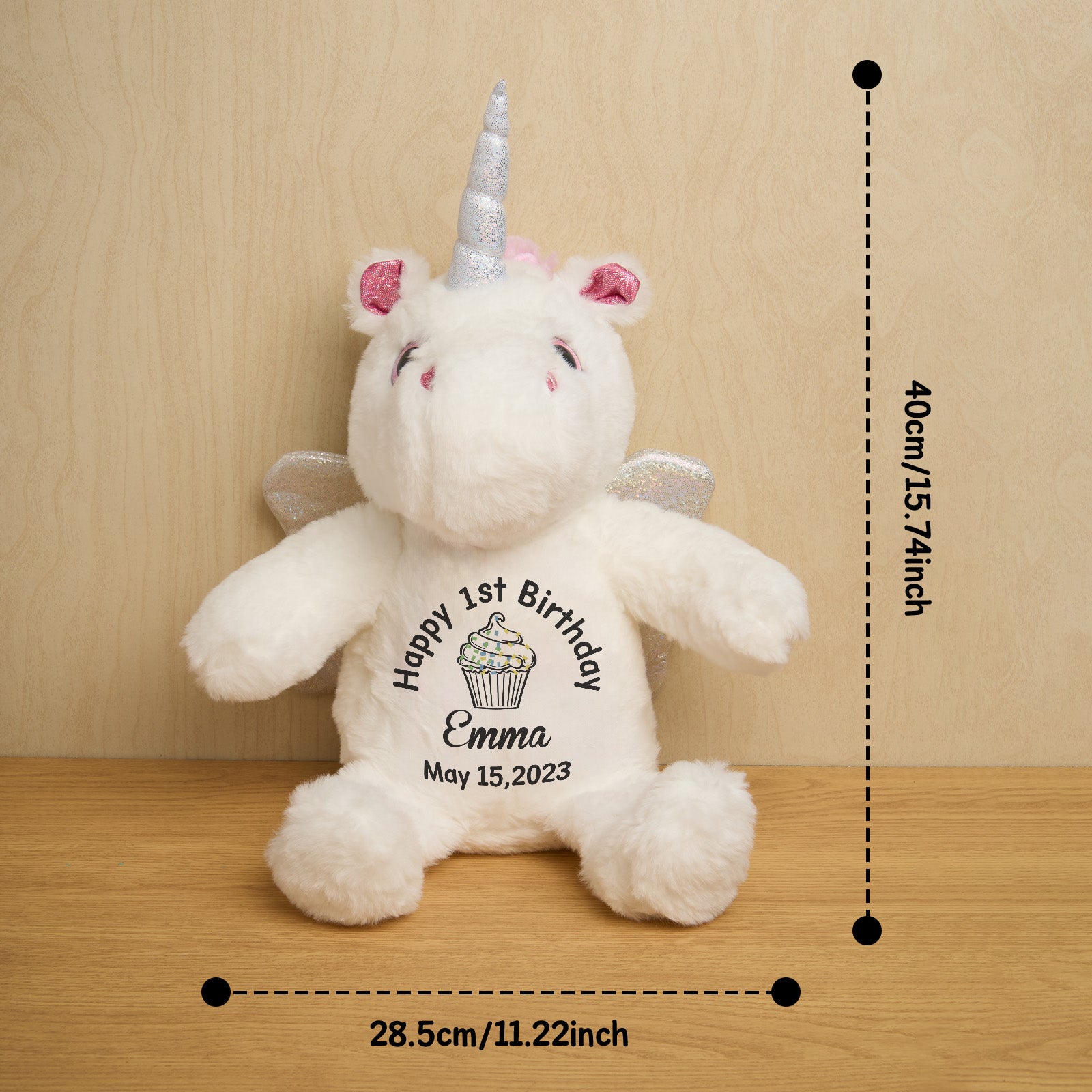 Baby cuddling personalised unicorn plush birth announcement teddy, soft PP cotton filling for comforting cuddles and nursery display