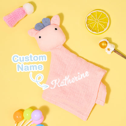 Detail shot of cosy soft cotton weave and neat embroidery on personalised soothe towel comforter