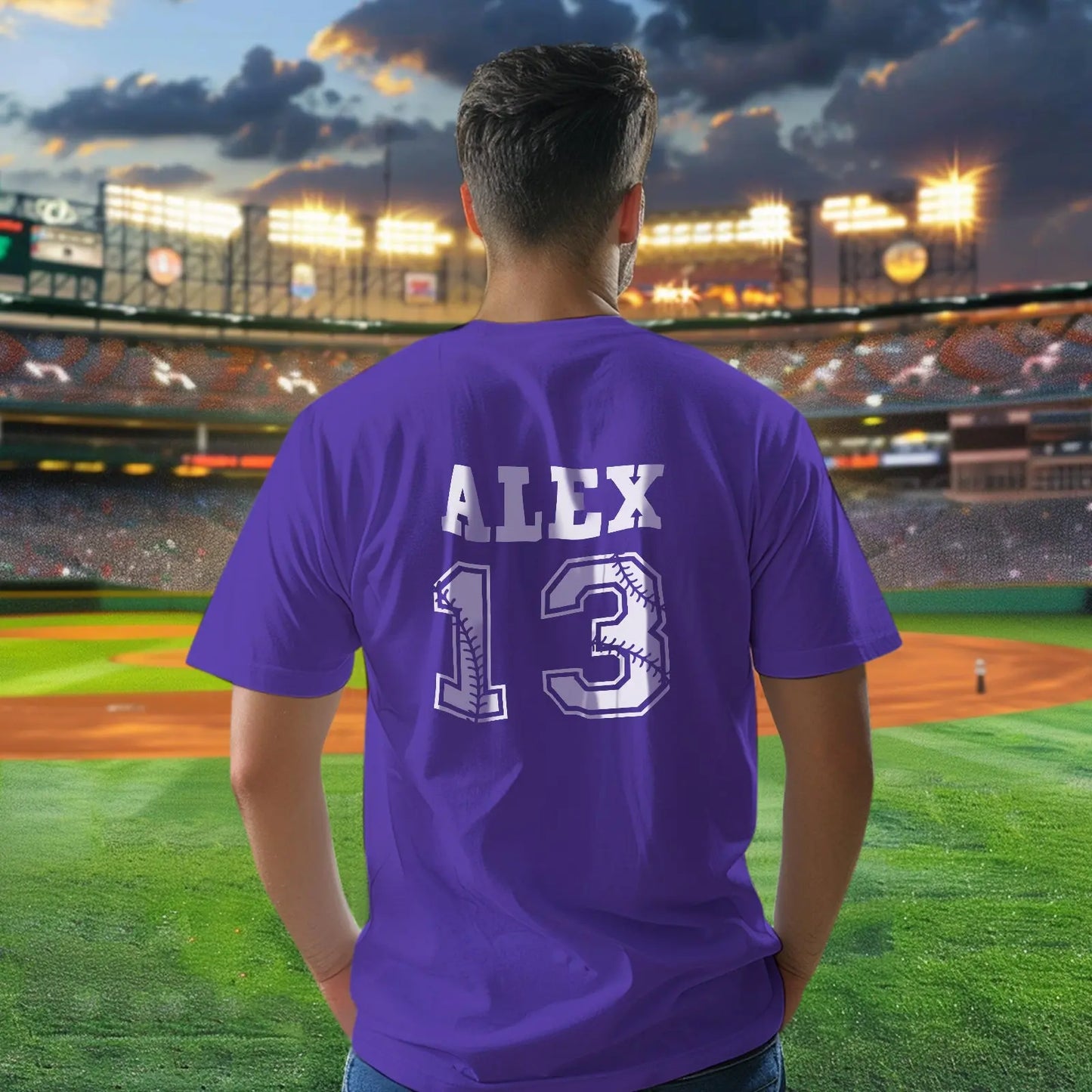 Personalised sports T-shirt displayed with sample customised name and number