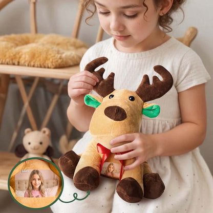 Personalised moose plush with printed photo on the belly — soft, huggable custom stuffed toy for kids (32×28 cm)