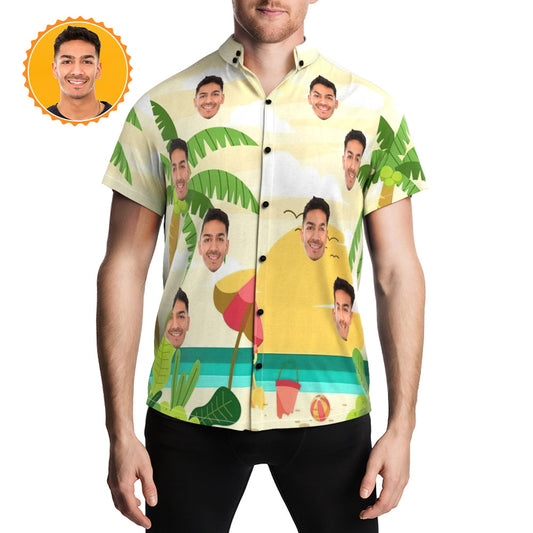 Front view of Custom Hawaiian Shirt with personalised face photo print on vibrant tropical pattern for holiday beach parties