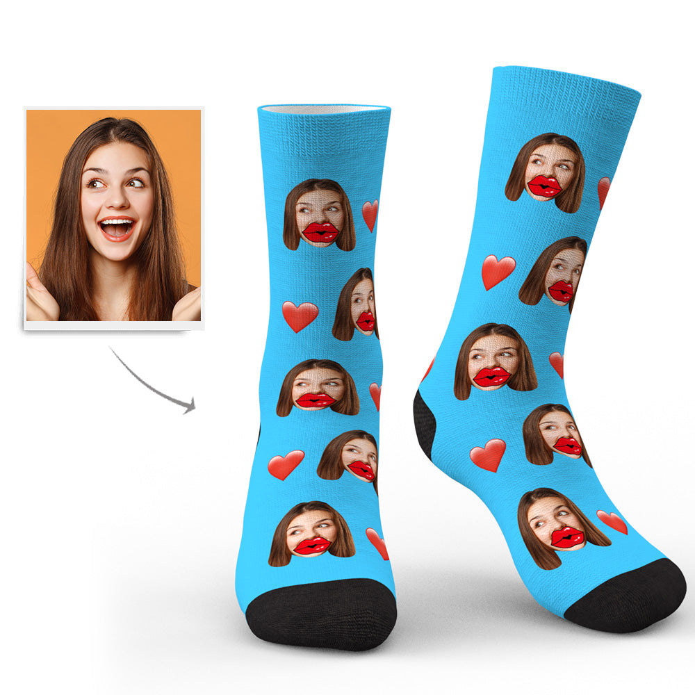 Model wearing personalised photo socks with a clear face print and red lips accent — breathable, comfortable unisex personalised custom face socks