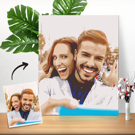 Personalised 30 x 40 cm paint-by-numbers canvas showing a finished custom photo portrait — DIY oil painting kit for the UK and Australia