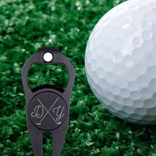 Personalised golf fork with engraved magnetic ball marker and bottle opener in black — zinc alloy divot tool for golfers