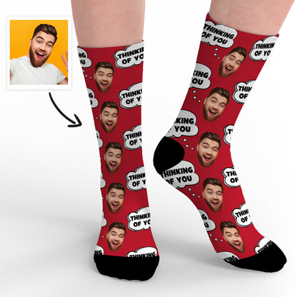 Personalised socks laid flat with visible measurements for S M L sizes – sizing guide for Thinking Of You custom photo socks