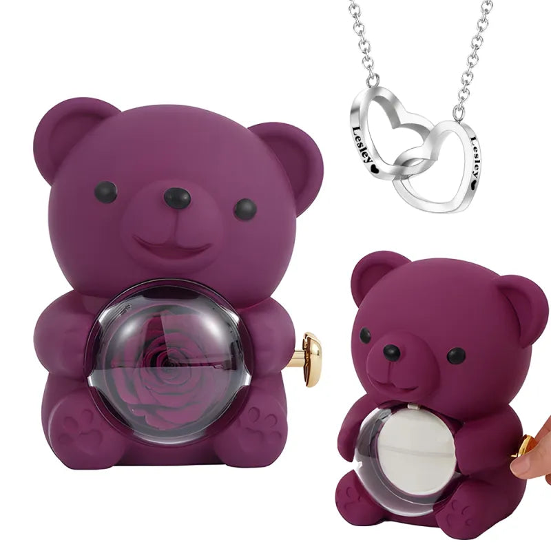 Styled image of engraved necklace and rose bear keepsake from the Eternal Rose Bear Jewellery Set, thoughtful wedding or memorial gift