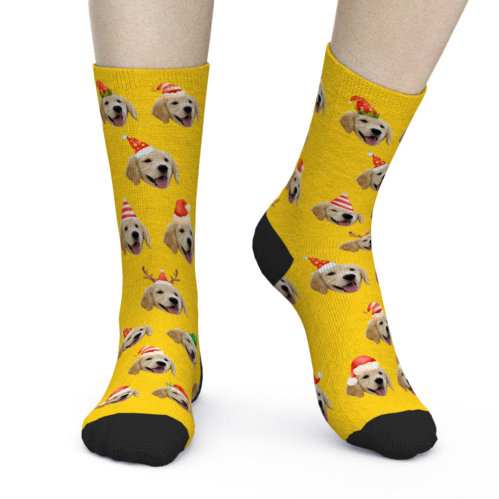 Selection of personalised pet face socks in multiple colours and sizes — custom pet face socks for men, women and kids