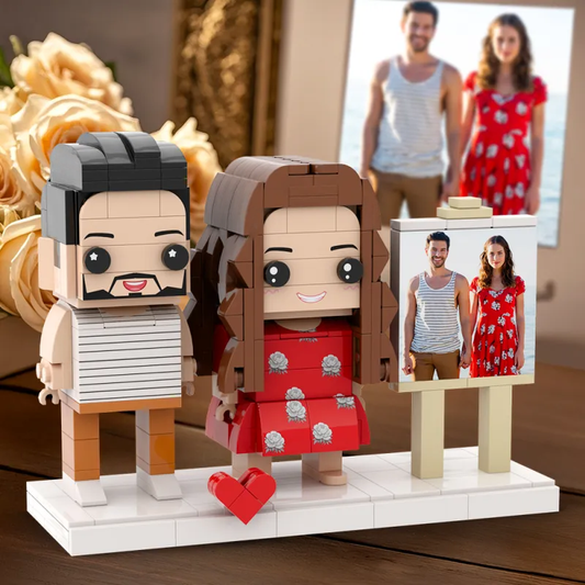 Personalised two-person photo frame featuring customisable brick figures of a couple on a wooden base — bespoke ABS building-block keepsake gift