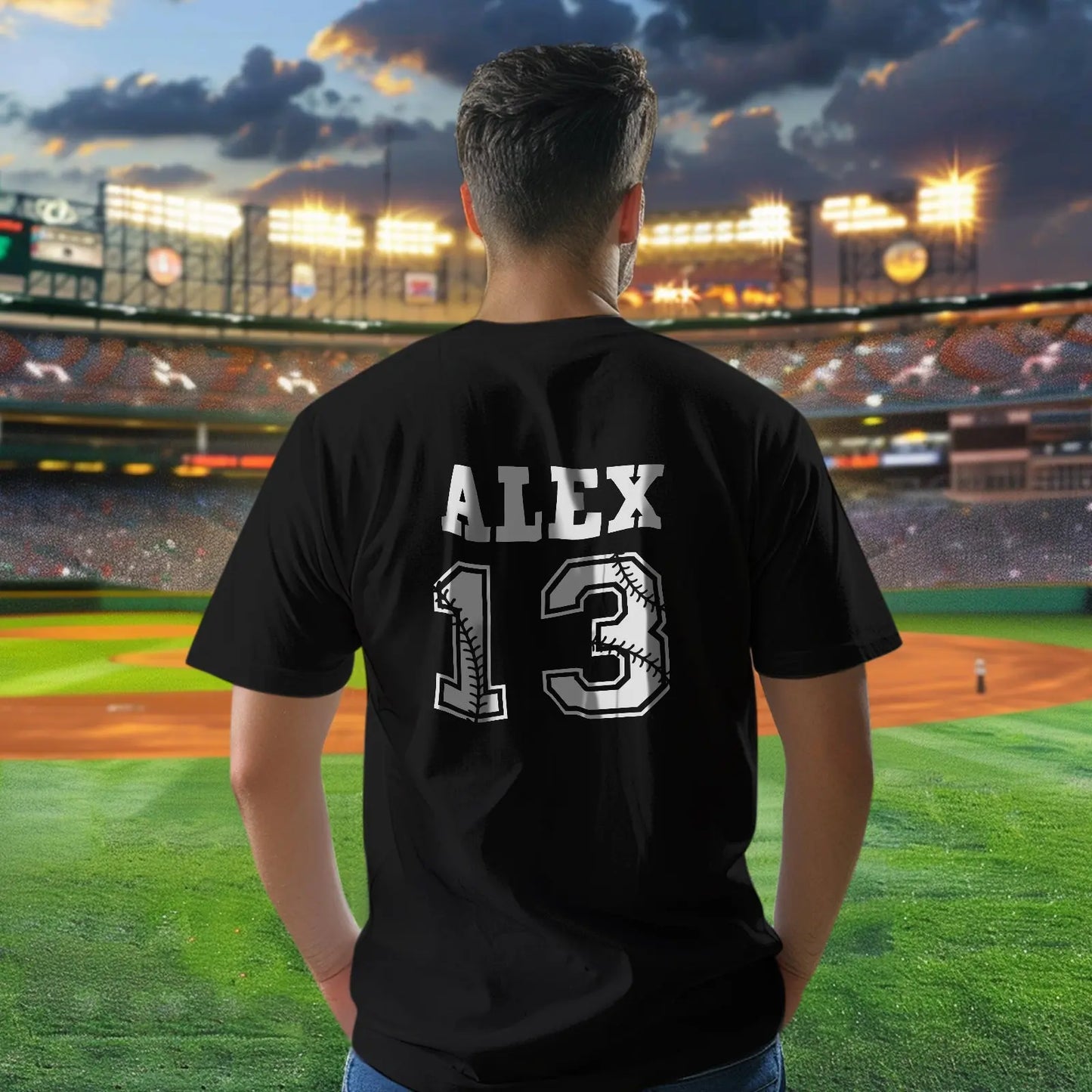 Front view personalised baseball sports T-shirt in Milkfiber — ideal back-to-school gift