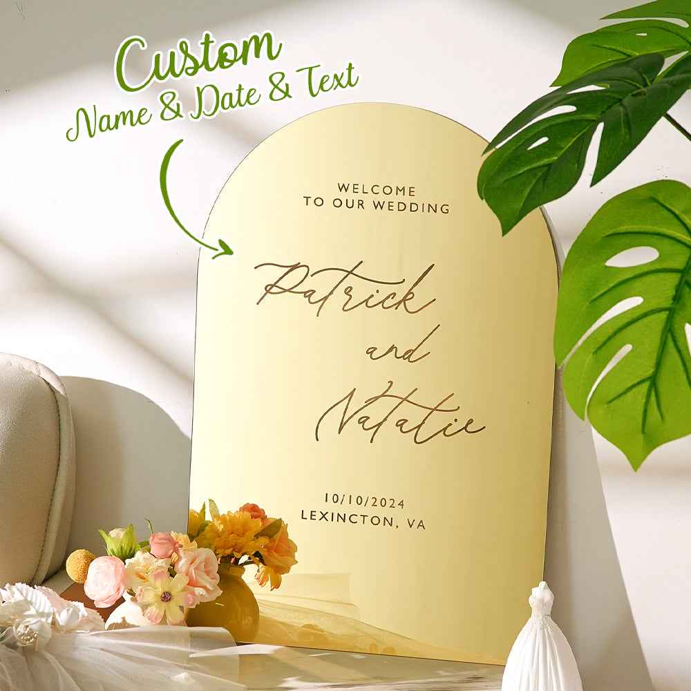 Personalized Arched Wedding Sign Gold Mirror Welcome Sign Gift for Wedding