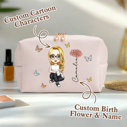 Travel flat lay with personalised cosmetic bag and essential make-up items — compact personalised pouch for travel and everyday use