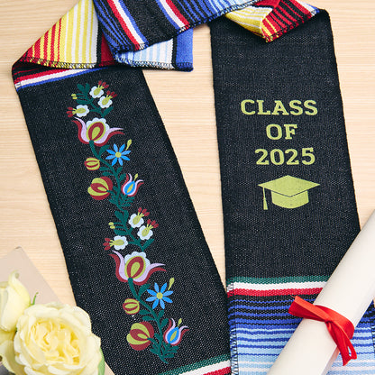 Close-up of Mexican-inspired motif and polyester weave on a personalised Class of 2025 graduation stole, showing vibrant colours and texture
