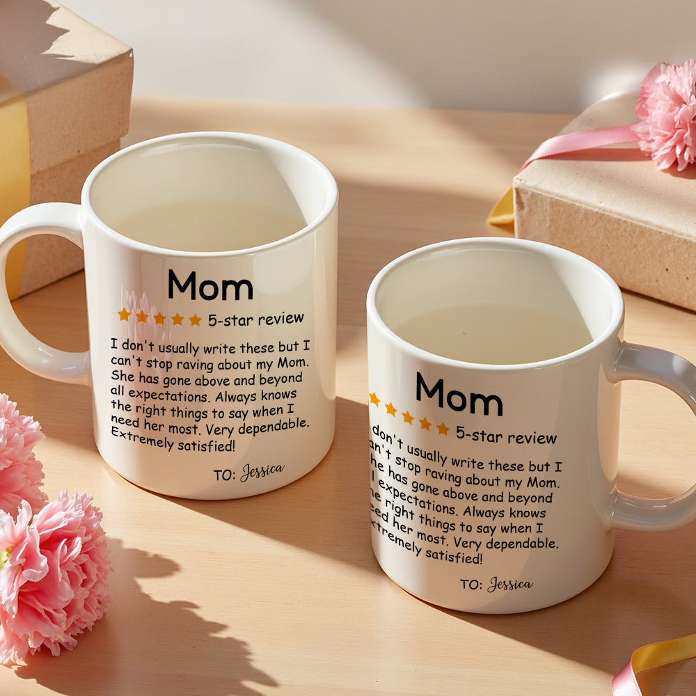 Two-size display of personalised five-star review mugs (11oz and 15oz) with custom names — ideal birthday gift for Mum