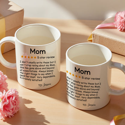 Two-size display of personalised five-star review mugs (11oz and 15oz) with custom names — ideal birthday gift for Mum