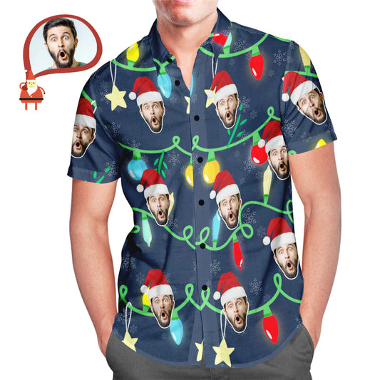 Personalised custom-face men's all-over print Christmas lights Hawaiian shirt, short-sleeve button-up in breathable 4-way stretch