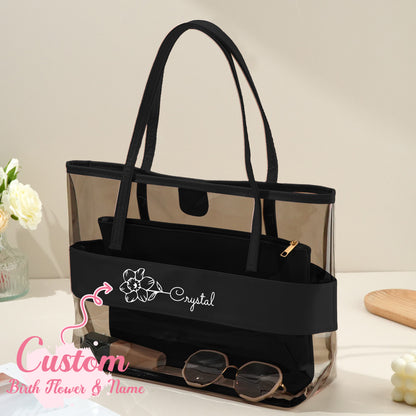 Close-up of personalised name and delicate birth flower print on clear PVC tote, floral monogram detail for wedding and birthday gifts