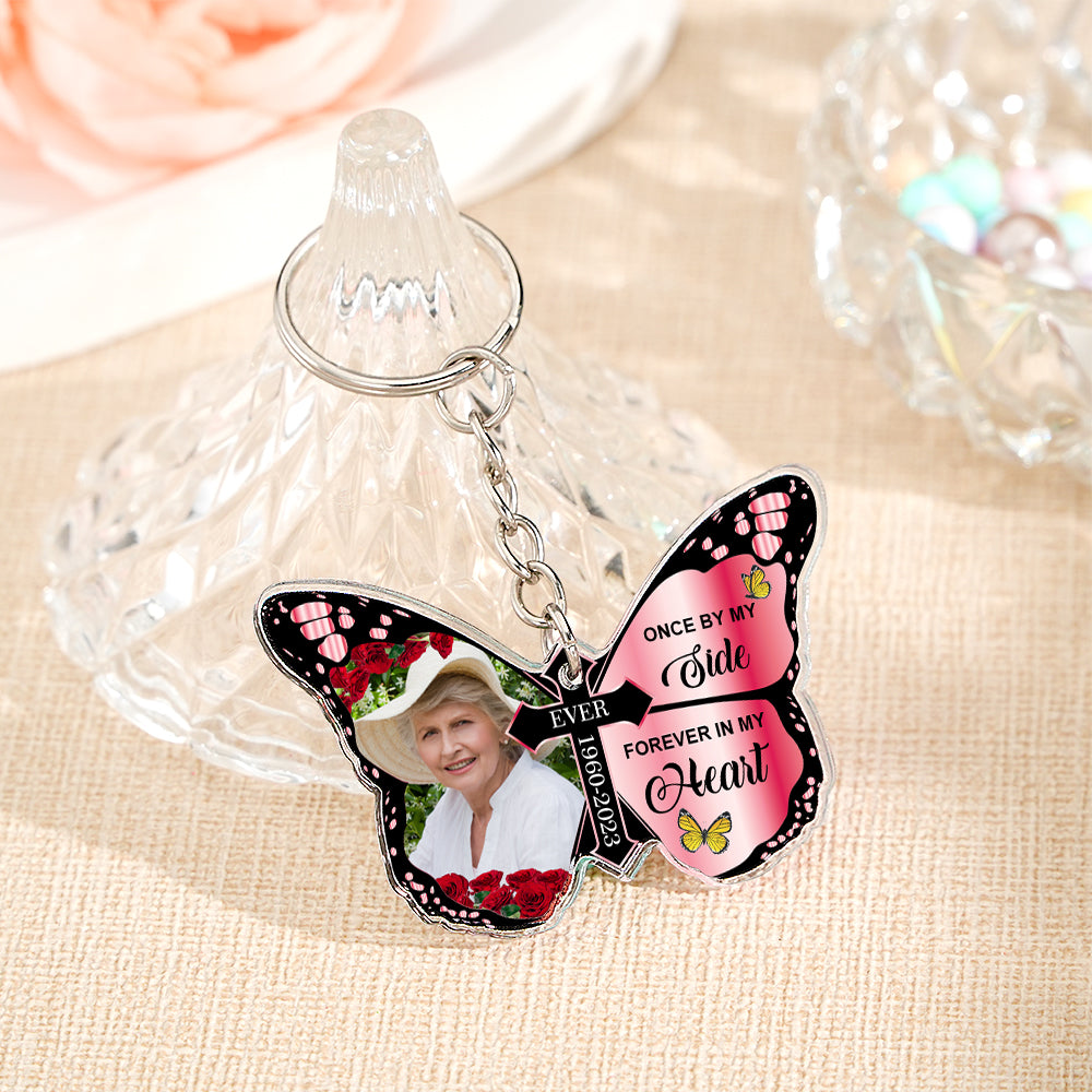 Close-up of butterfly and cross motif on acrylic personalised keychain highlighting printed detail and sentimental remembrance message