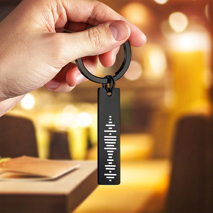 Four colour options of custom engraved music code 3D bar keychains in black, silver, gold and rose gold – personalised Spotify keyrings