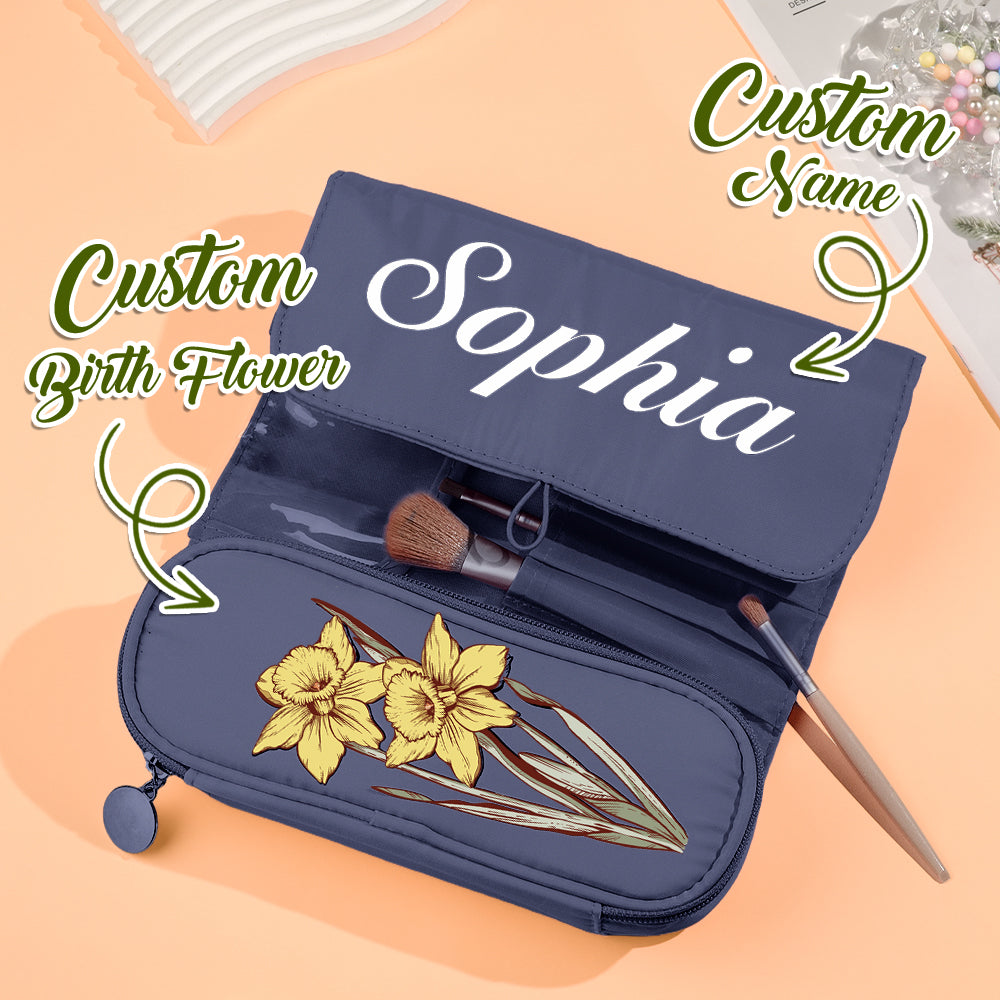 Personalised make-up brush bag presented as a birthday gift — custom name cosmetic pouch styled with flowers and a gift tag