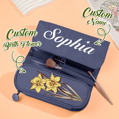 Personalised make-up brush bag presented as a birthday gift — custom name cosmetic pouch styled with flowers and a gift tag