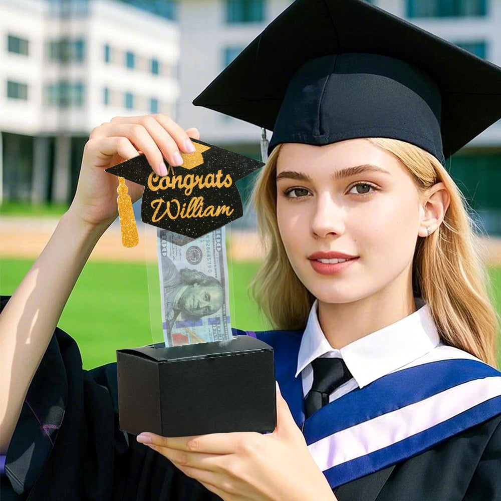 Personalised graduation cap money box with printed name on lid and 30 transparent pockets