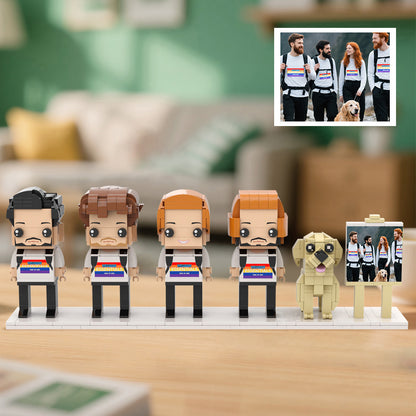 Personalised full‑body brick‑style family portrait of four people plus a dog in a stylish frame — custom anniversary and birthday gift handcrafted from eco‑friendly ABS