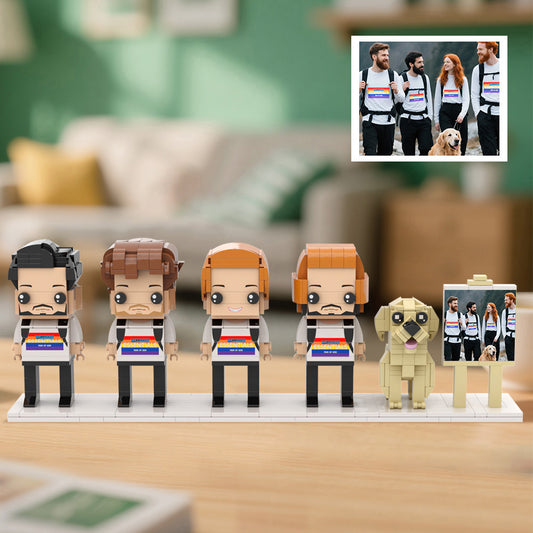 Personalised full‑body brick‑style family portrait of four people plus a dog in a stylish frame — custom anniversary and birthday gift handcrafted from eco‑friendly ABS