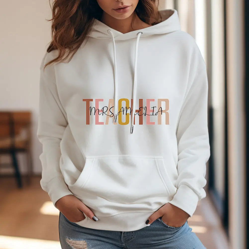 Side view of personalised teacher hooded sweatshirt in soft polyester — neat stitching and tailored fit make a stylish personalised name gift for teachers