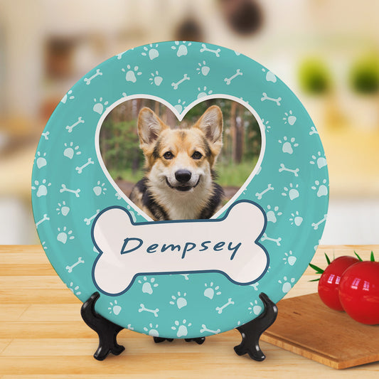 Personalised pet photo ceramic dinner plate (8.1-inch / 20.6 cm) with pet name — custom keepsake with vibrant, fade‑resistant heat‑transfer print