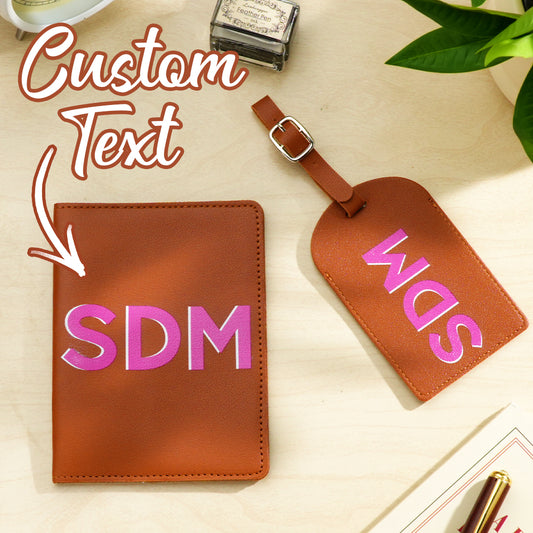 Personalised shadow monogram passport holder and luggage tag set in blush — stylish personalised travel accessories for bridal party gifts