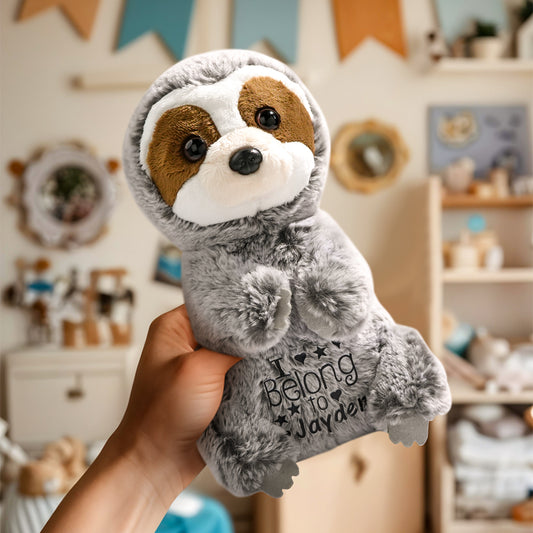 Personalised name sloth plush toy front view handcrafted soft plush with embroidered name ideal baby shower gift nursery décor 14cm x 25cm