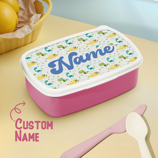 Personalised dinosaur lunch box with custom name on colourful dinosaur print — kids dinosaur lunch box ideal for school lunches and birthday gifts
